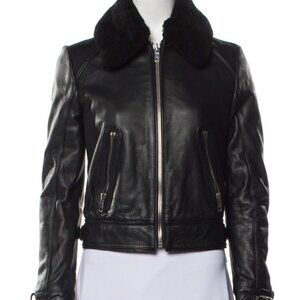 Maje Black Leather Jacket with Shearling Collar